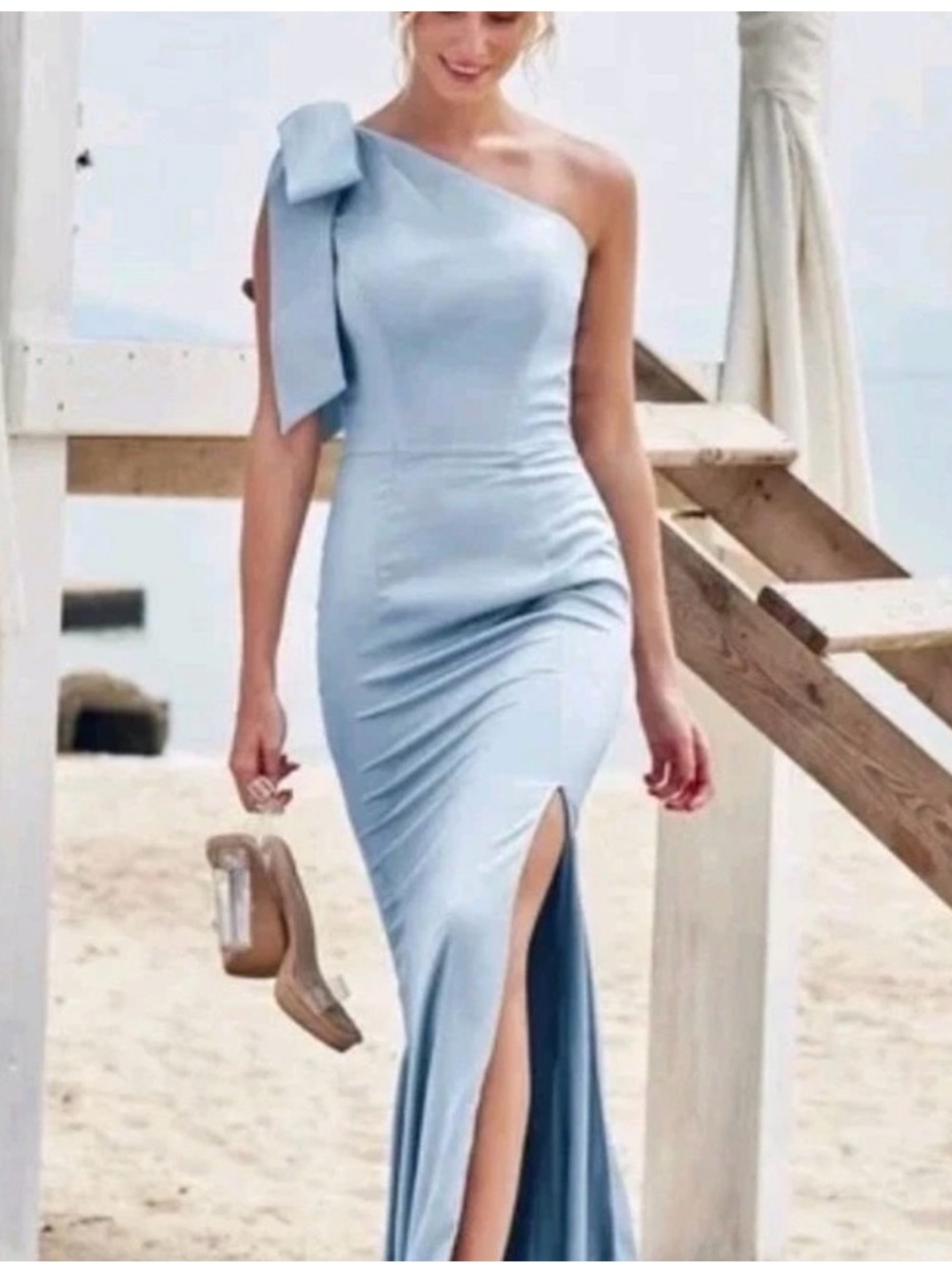 Asymmetrical One-Shoulder Light Blue Evening Dress with Bow Accent